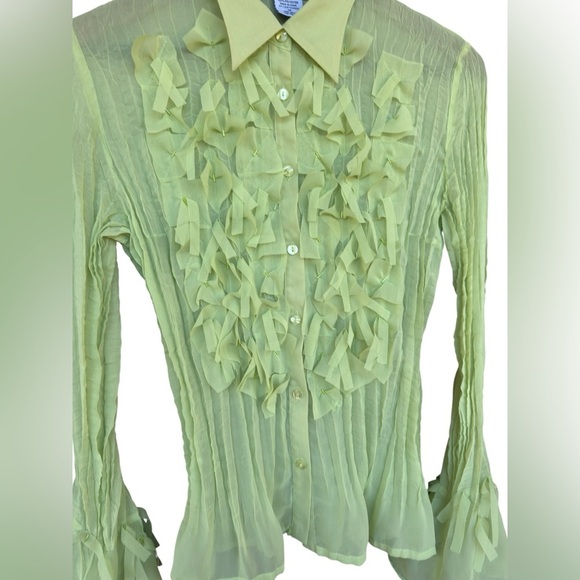 Vintage Y2K 90s Lime Green Mesh Blouse Bell Sleeves Medium Festival Fairy Whimsy - Picture 3 of 8
